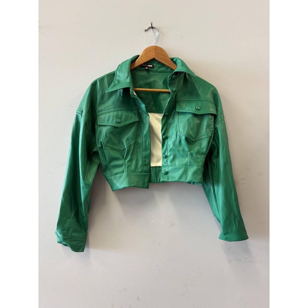 Fashion‎ Nova Jacket Womens XS Green Faux Leather Cropped Moto Snap Front